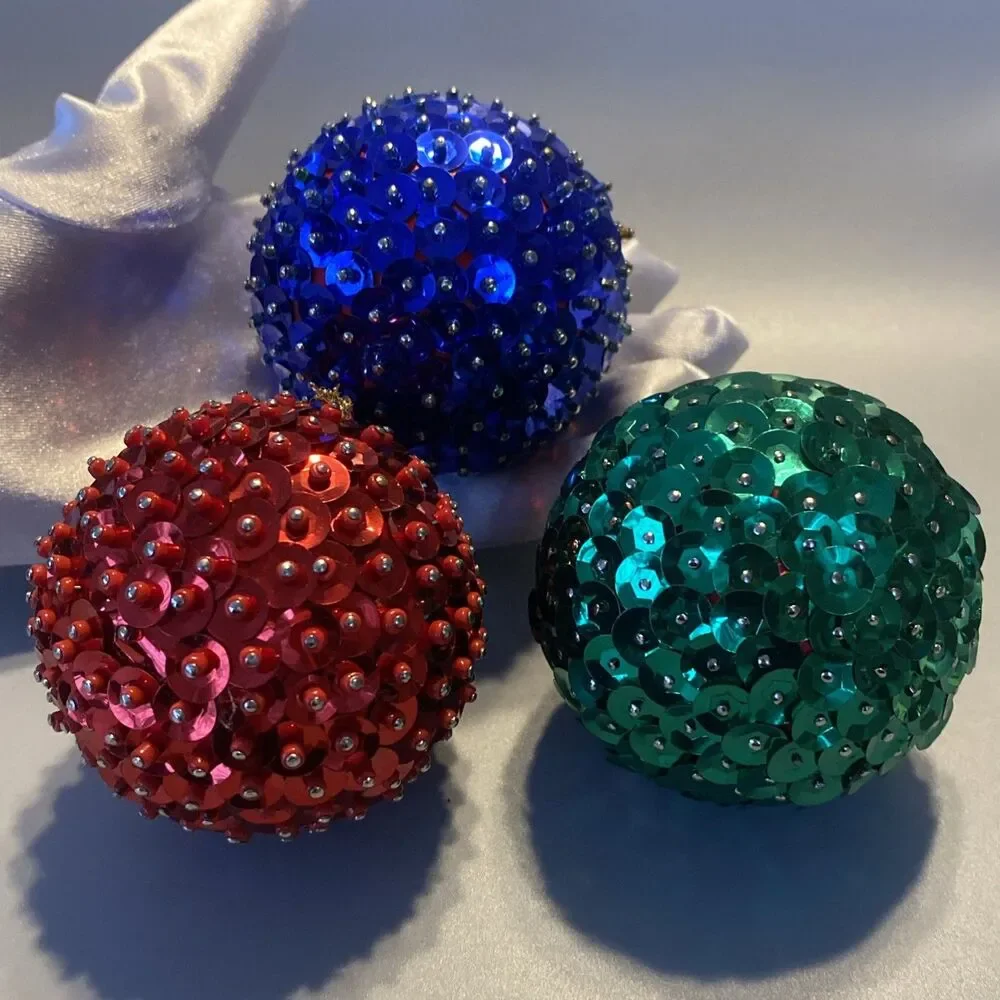 3 Vintage Christmas Sequin Push Pin Ornaments Green Red Blue Ball Handmade